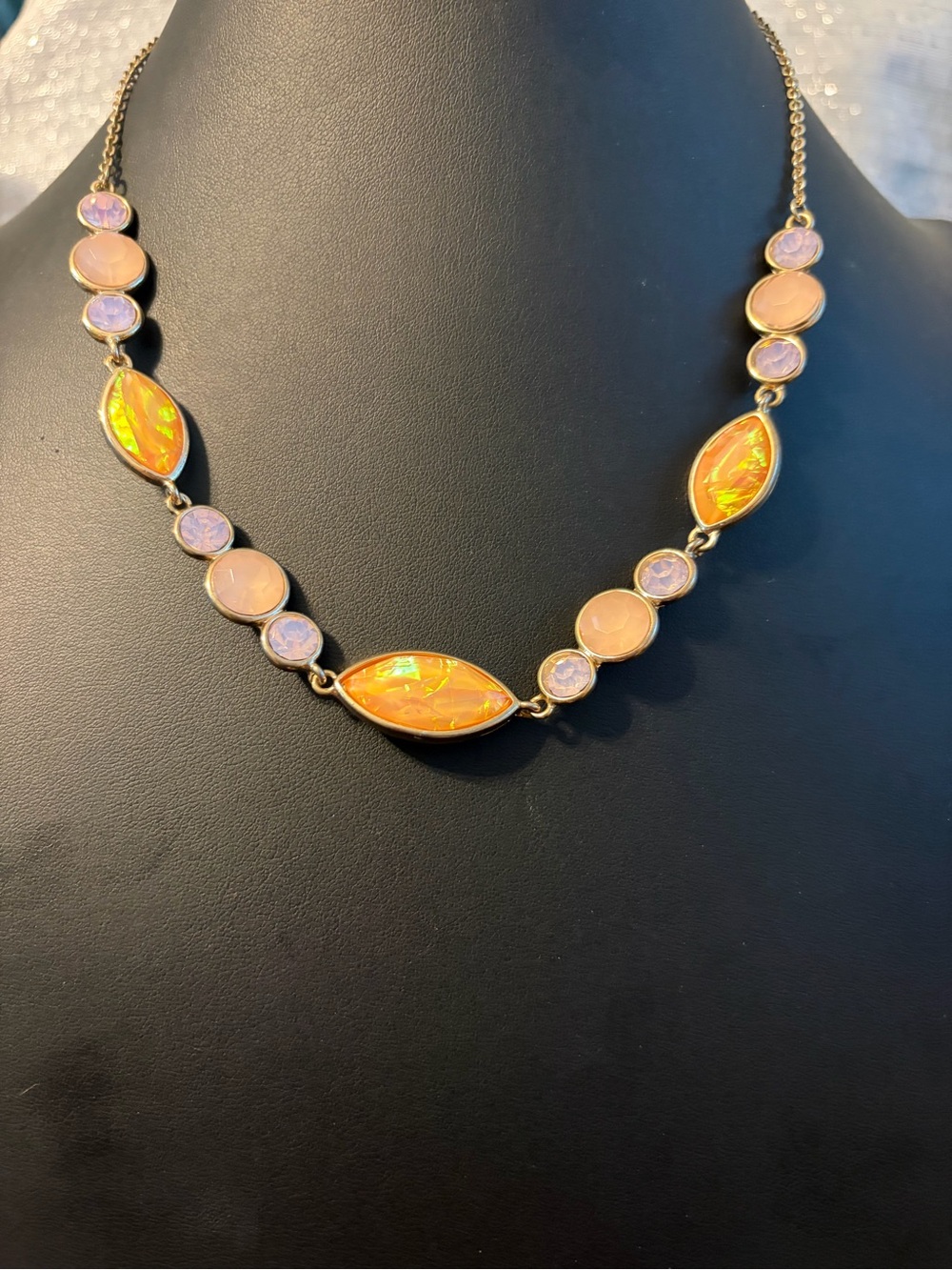 Opal-Effect Orange and Pink Cabochon Necklace and Twi Pair Ear Women Jewelry